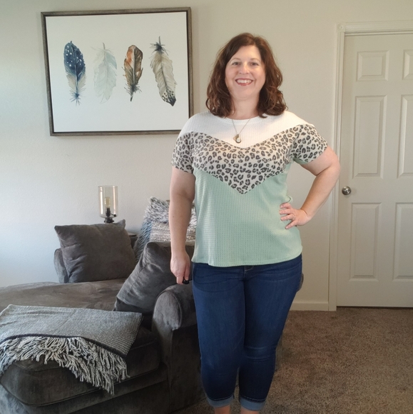 Sage & Animal Print Color Block Top - Picture 2 of 3